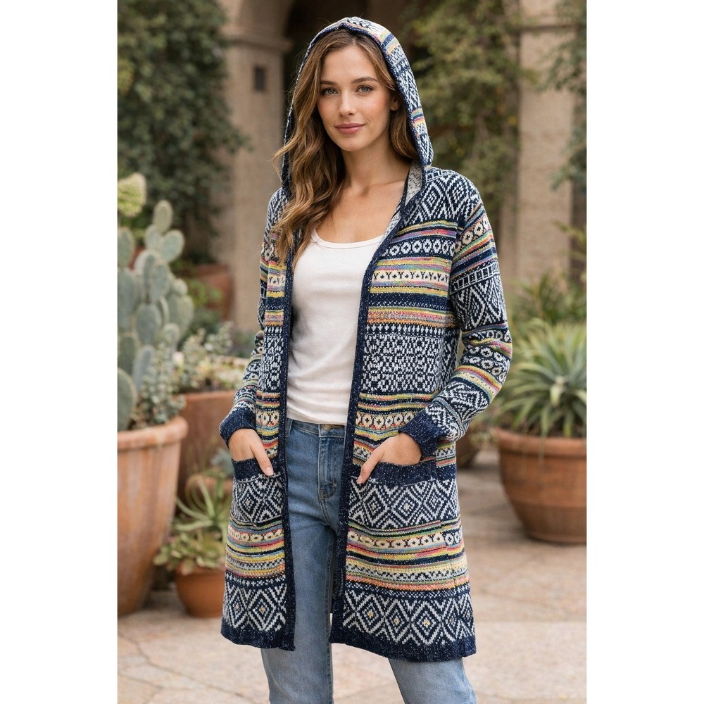 Monteau Los Angeles Hooded Cardigan Sweater Size M Tribal Aztec Long Open Front